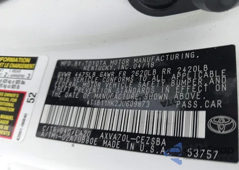 2018 Toyota Camry Se from USA, damaged, VIN 4T1B11HK2JU609873